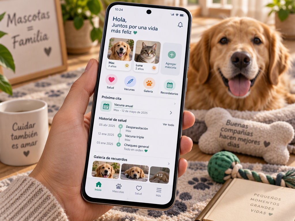 Teléfono mostrando la pantalla de inicio de Mi Mascota con dos mascotas, próxima cita y galería de recuerdos